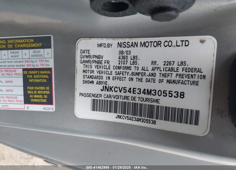 2004 INFINITI G35 VIN: JNKCV54E34M305538