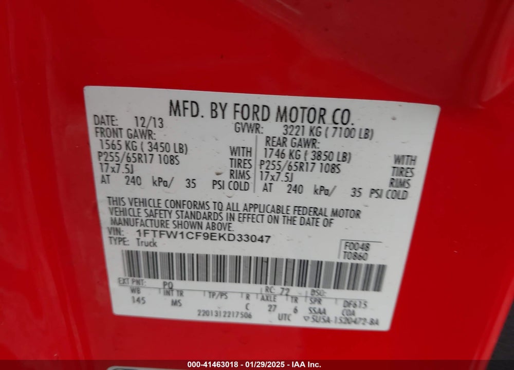 2014 FORD F-150 VIN: 1FTFW1CF9EKD33047