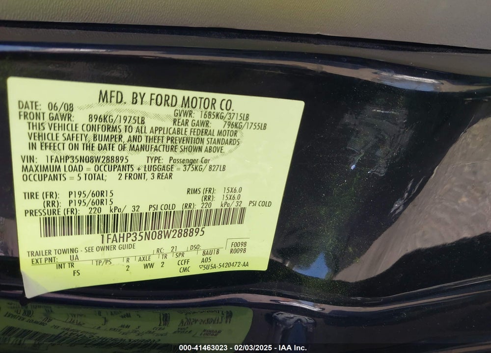 2008 FORD FOCUS VIN: 1FAHP35N08W288895