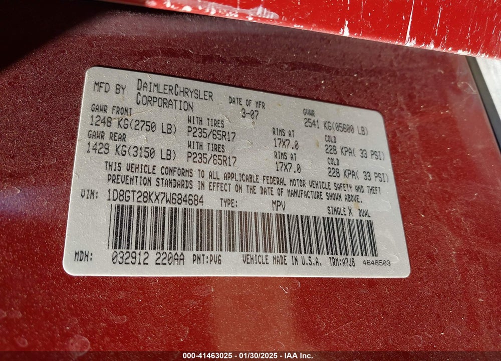 2007 DODGE NITRO SXT VIN: 1D8GT28KX7W684684