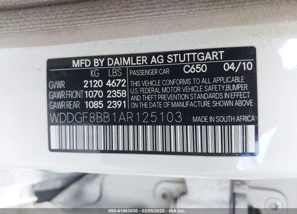 2010 MERCEDES-BENZ C 300 VIN: WDDGF8BB1AR125103