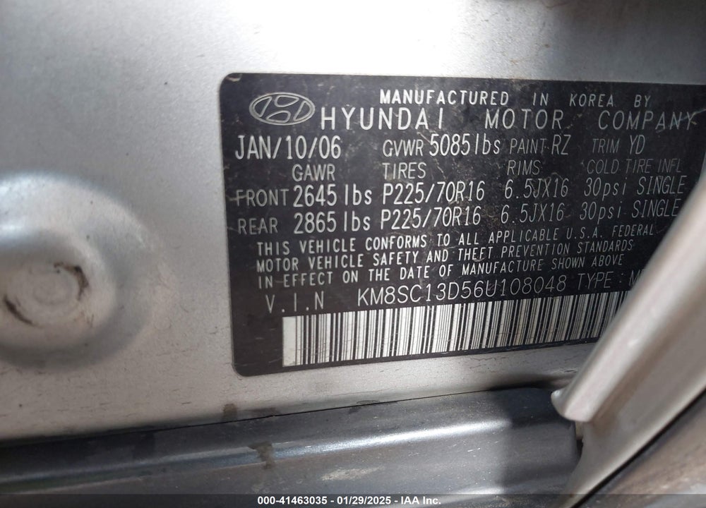 2006 HYUNDAI SANTA FE VIN: KM8SC13D56U108048