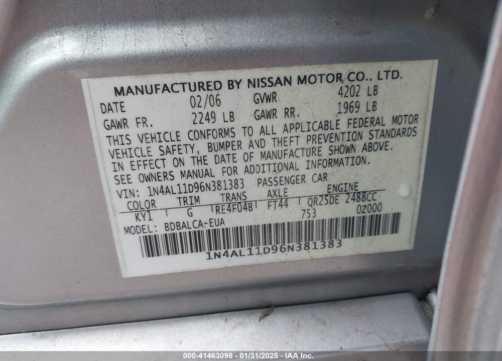 2006 NISSAN ALTIMA VIN: 1N4AL11D96N381383