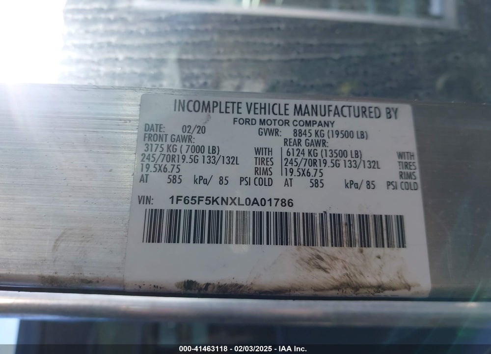 2020 FORD F-59 COMMERCIAL STRIPPED VIN: 1F65F5KNXL0A01786