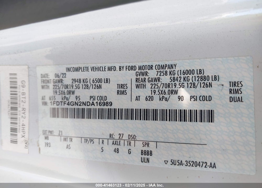 2022 FORD F-450 CHASSIS XL VIN: 1FDTF4GN2NDA16989