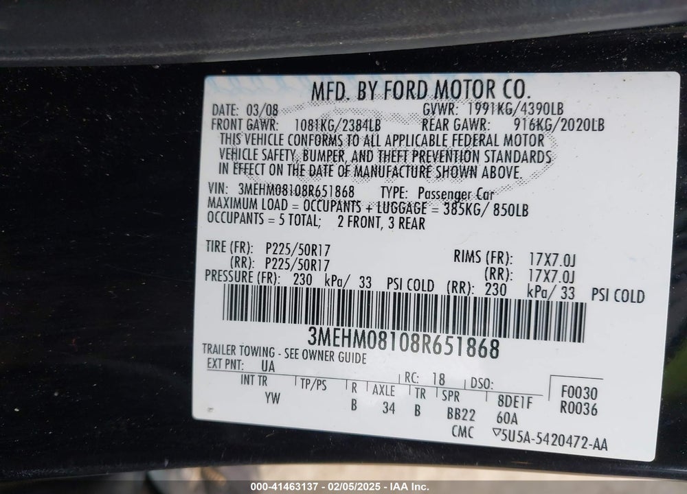 2008 MERCURY MILAN VIN: 3MEHM08108R651868