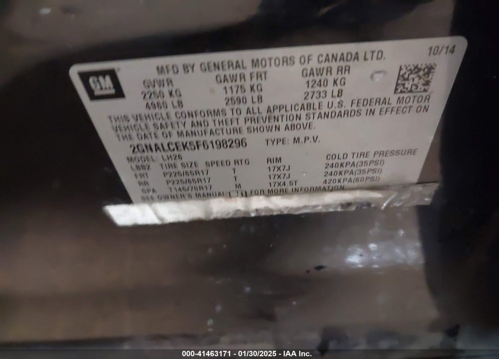 2015 CHEVROLET EQUINOX VIN: 2GNALCEK5F6198296