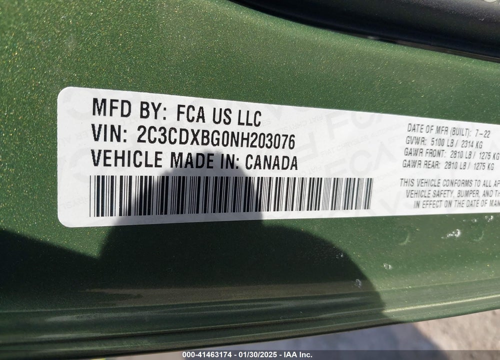 2022 DODGE CHARGER VIN: 2C3CDXBG0NH203076