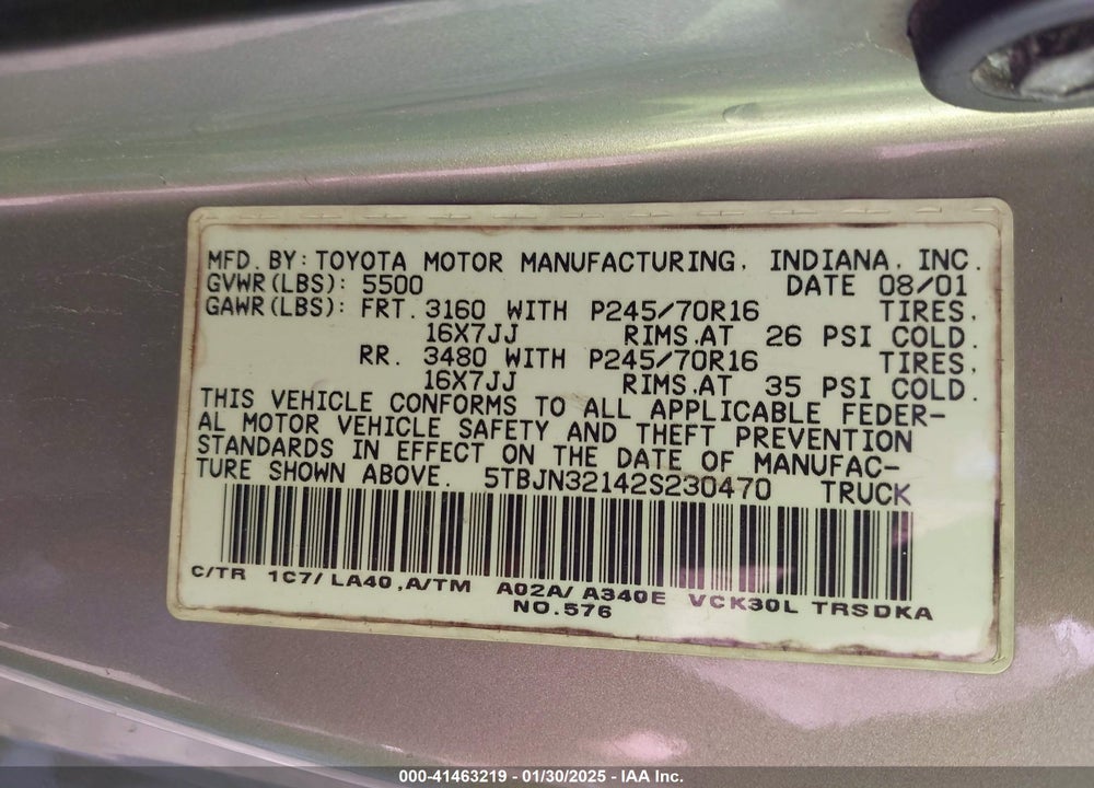2002 TOYOTA TUNDRA VIN: 5TBJN32142S230470