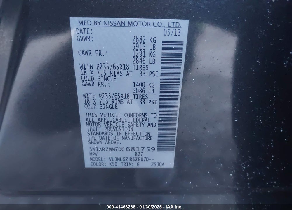 2013 NISSAN PATHFINDER SL VIN: 5N1AR2MM7DC681759