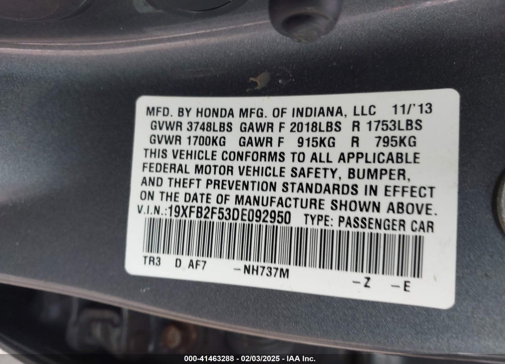 2013 HONDA CIVIC VIN: 19XFB2F53DE092950