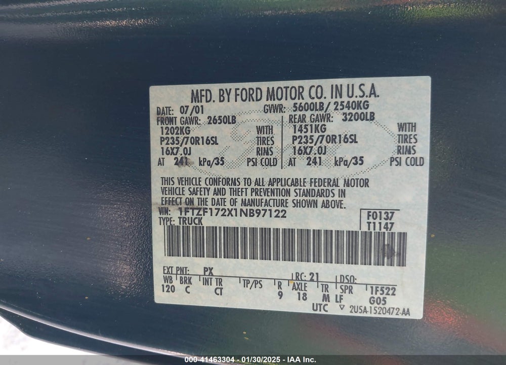 2001 FORD F-150 XL/XLT VIN: 1FTZF172X1NB97122
