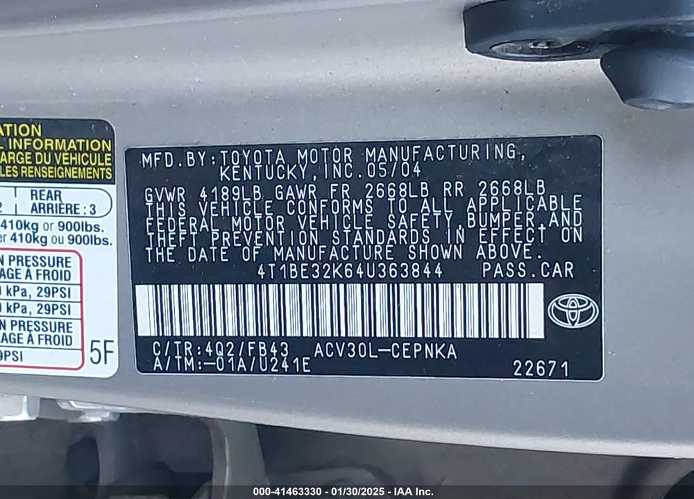 2004 TOYOTA CAMRY LE VIN: 4T1BE32K64U363844