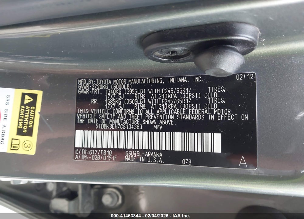 2012 TOYOTA HIGHLANDER VIN: 5TDBK3EH7CS134363