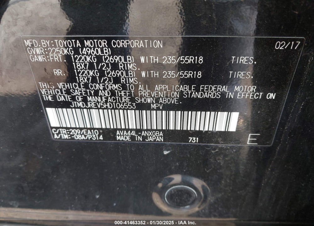 2017 TOYOTA RAV4 HYBRID LIMITED VIN: JTMDJREV5HD106553