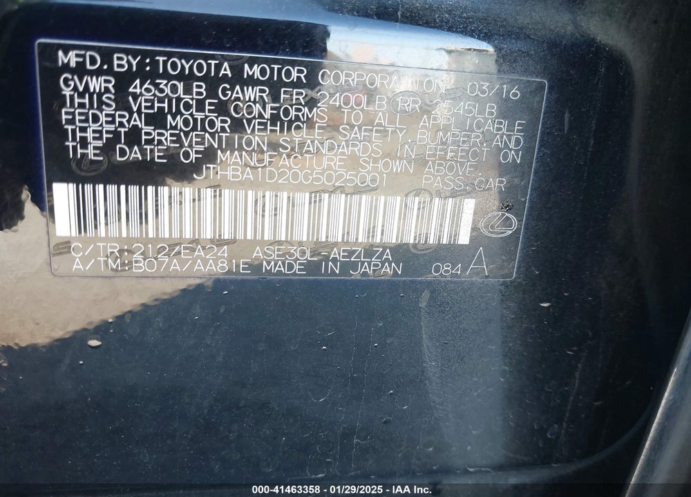 2016 LEXUS IS 200T VIN: JTHBA1D20G5025001