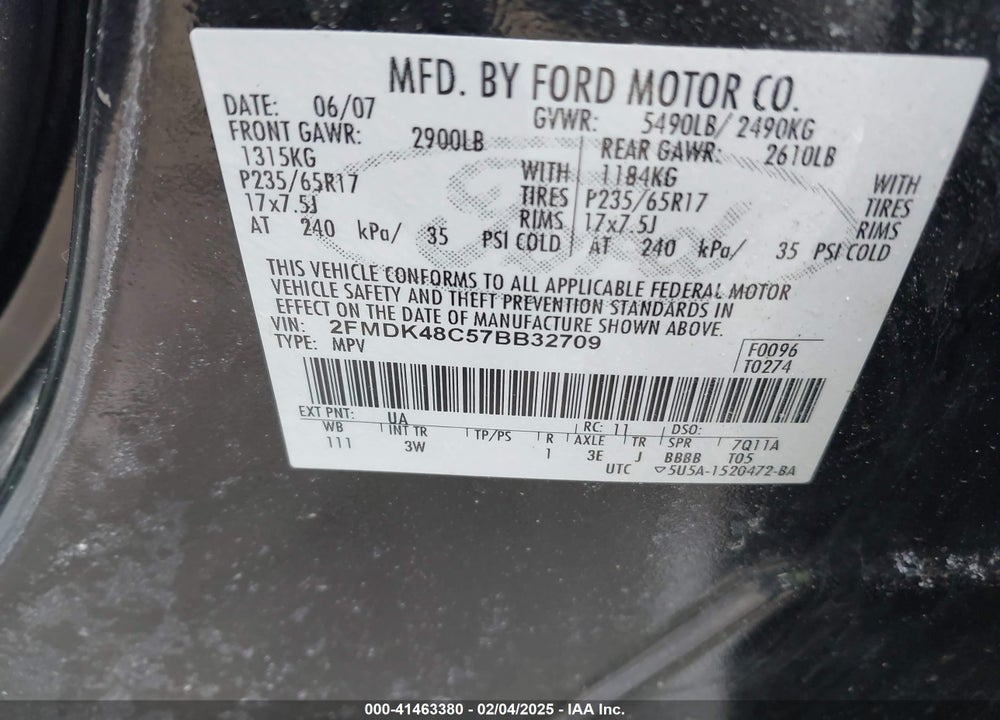2007 FORD EDGE VIN: 2FMDK48C57BB32709