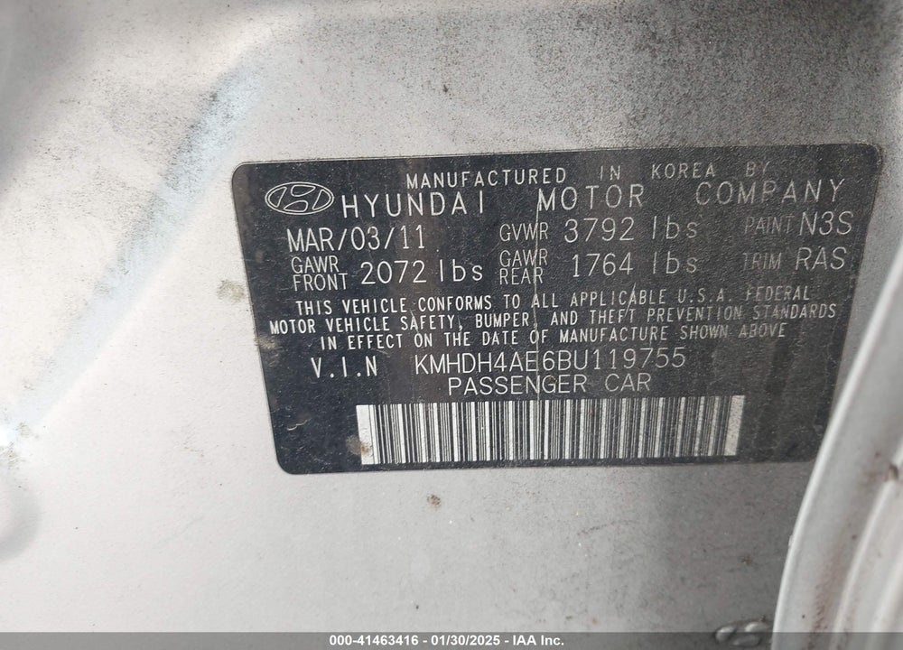 2011 HYUNDAI ELANTRA VIN: KMHDH4AE6BU119755
