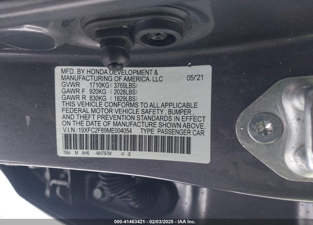 2021 HONDA CIVIC VIN: 19XFC2F89ME004054