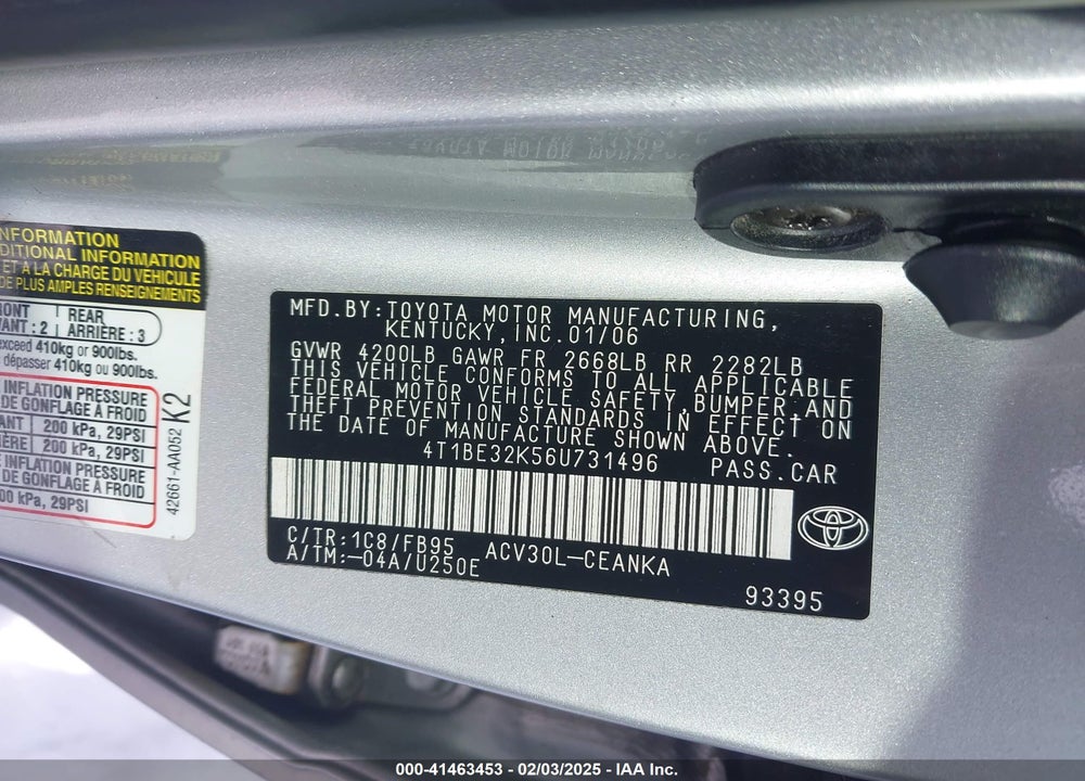 2006 TOYOTA CAMRY LE VIN: 4T1BE32K56U731496