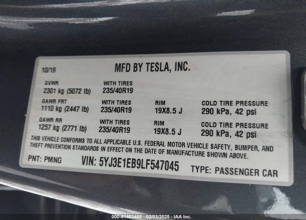 2020 TESLA MODEL 3 VIN: 5YJ3E1EB9LF547045