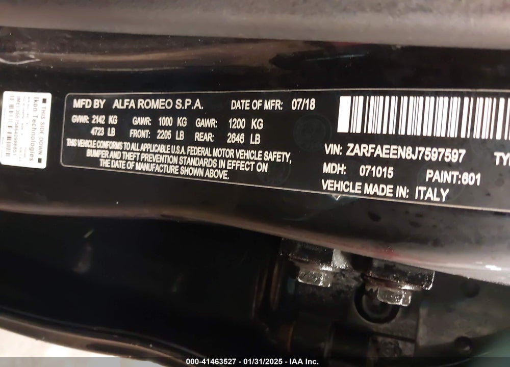 2018 ALFA ROMEO GIULIA VIN: ZARFAEEN8J7597597