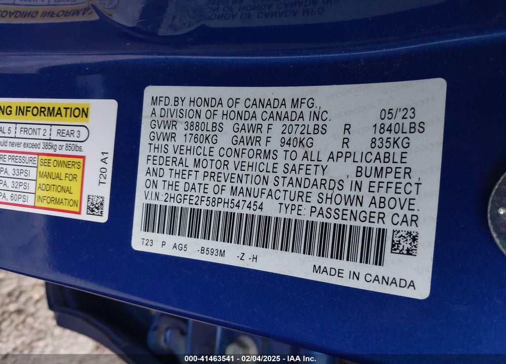 2023 HONDA CIVIC SPORT VIN: 2HGFE2F58PH547454