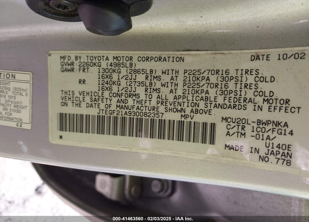 2003 TOYOTA HIGHLANDER V6 VIN: JTEGF21A930082357
