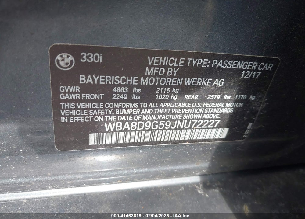 2018 BMW 330I VIN: WBA8D9G59JNU72227