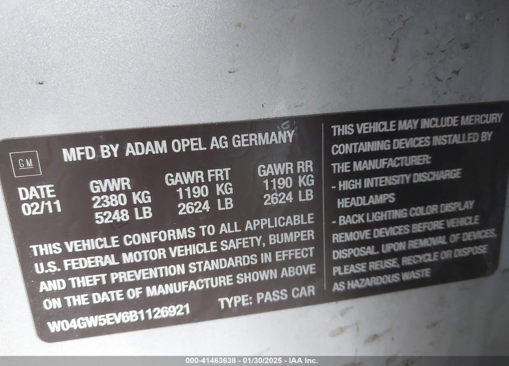 2011 BUICK REGAL VIN: W04GW5EV6B1126921