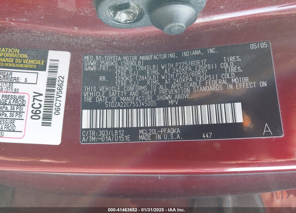 2005 TOYOTA SIENNA XLE VIN: 5TDZA22C75S345005