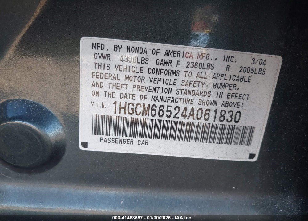 2004 HONDA ACCORD 3.0 EX VIN: 1HGCM66524A061830