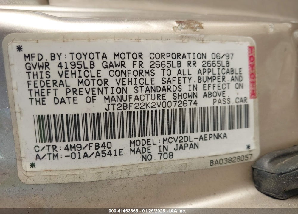1997 TOYOTA CAMRY LE V6 VIN: JT2BF22K2V0072674