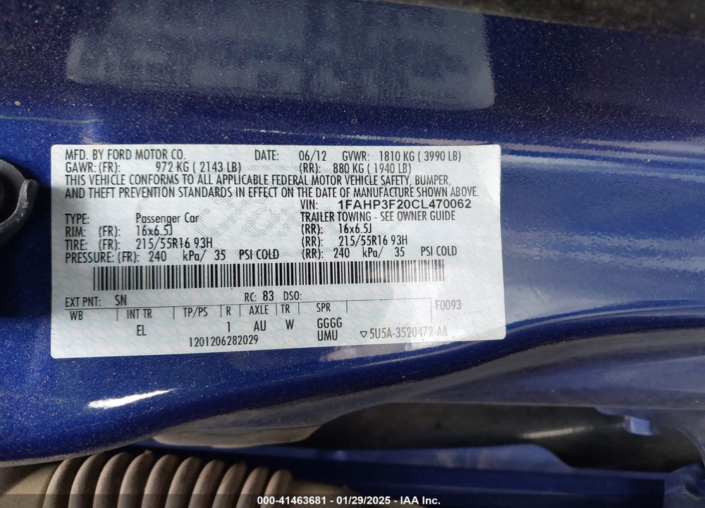 2012 FORD FOCUS VIN: 1FAHP3F20CL470062