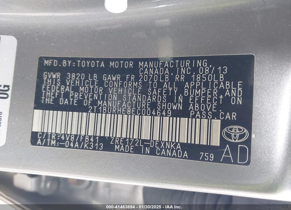 2014 TOYOTA COROLLA VIN: 2T1BURHE8EC004649