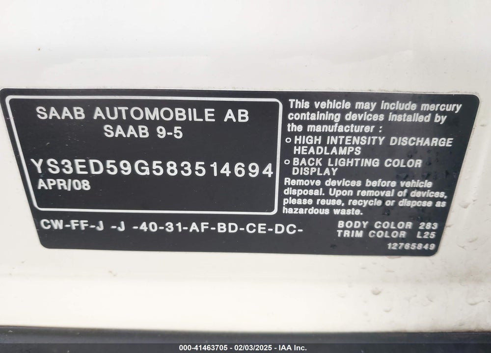 2008 SAAB 9-5 2.3T VIN: YS3ED59G583514694