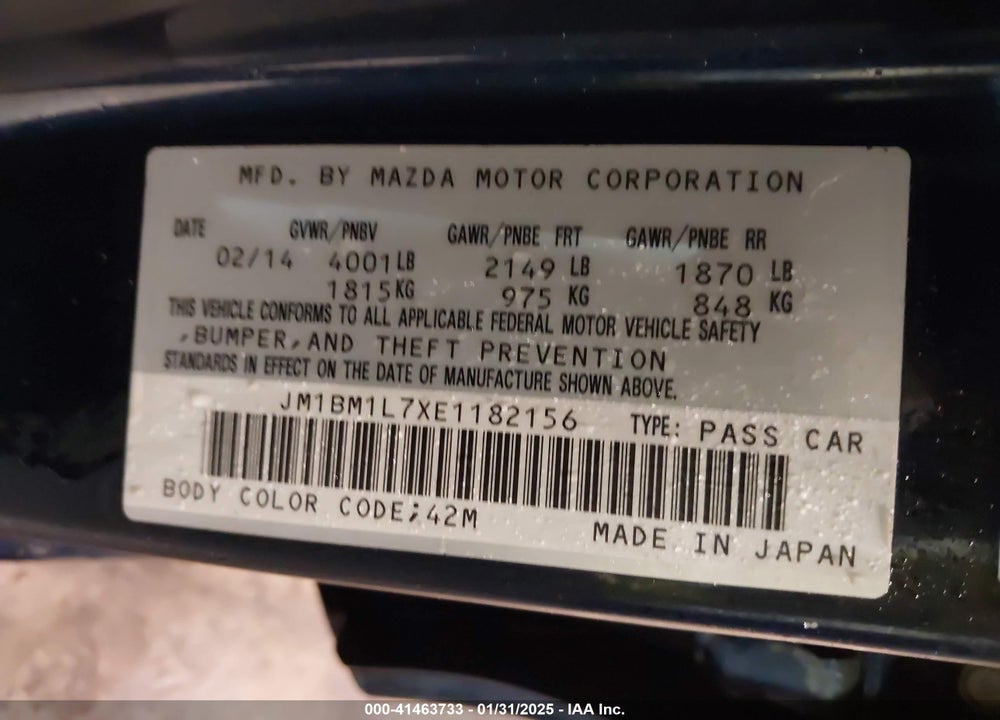 2014 MAZDA 3 I TOURING VIN: JM1BM1L7XE1182156