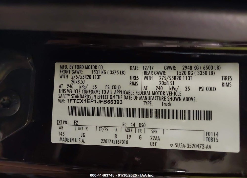 2018 FORD F-150 VIN: 1FTEX1EP1JFB66393