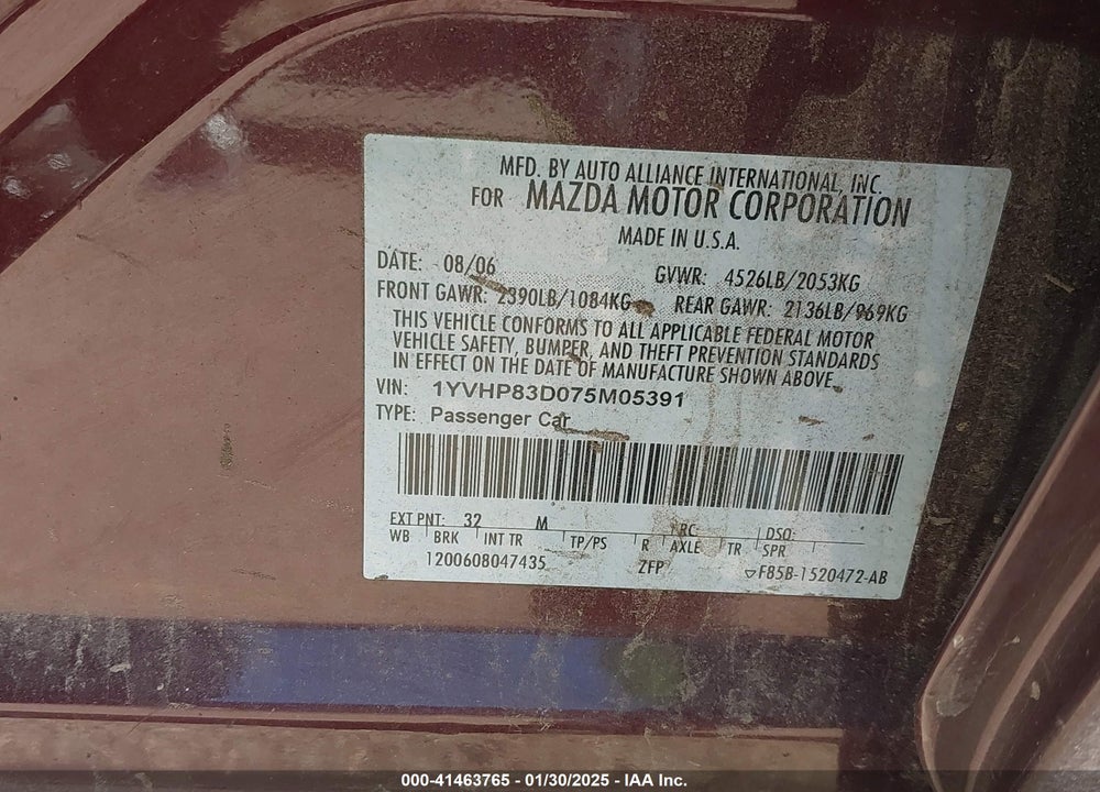 2007 MAZDA 6 S GRAND TOURING VIN: 1YVHP83D075M05391