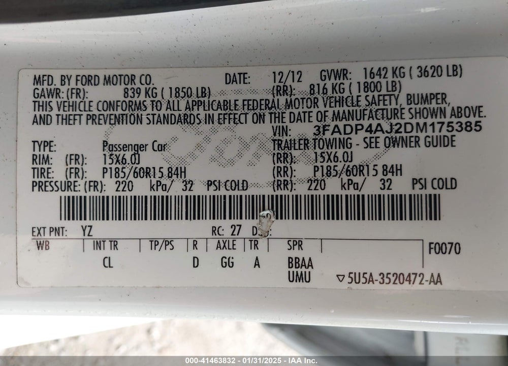 2013 FORD FIESTA VIN: 3FADP4AJ2DM175385