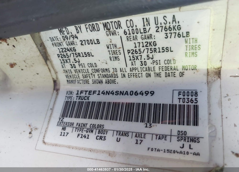 1995 FORD F150 VIN: 1FTEF14N4SNA06499