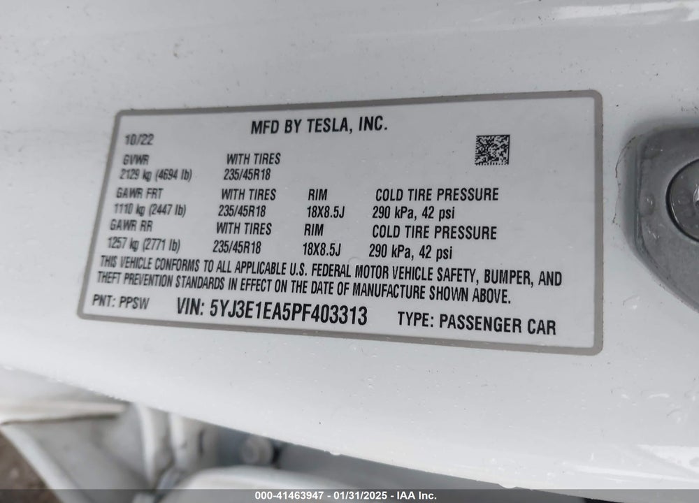 2023 TESLA MODEL 3 VIN: 5YJ3E1EA5PF403313