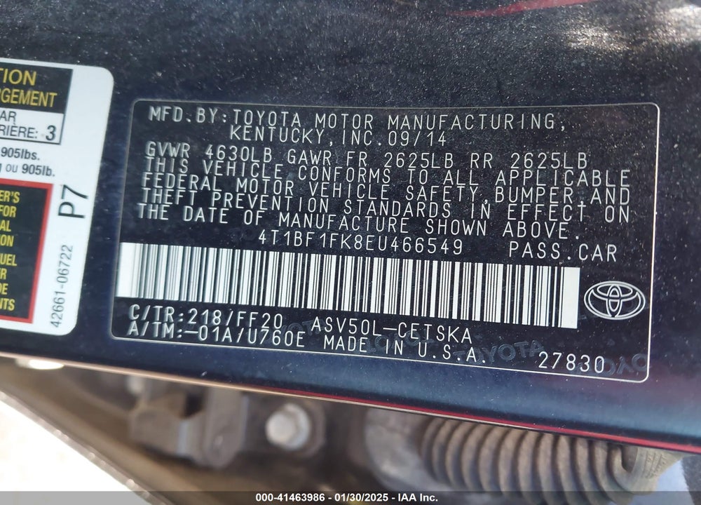 2014 TOYOTA CAMRY VIN: 4T1BF1FK8EU466549