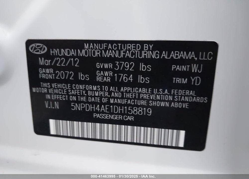 2013 HYUNDAI ELANTRA GLS VIN: 5NPDH4AE1DH158819