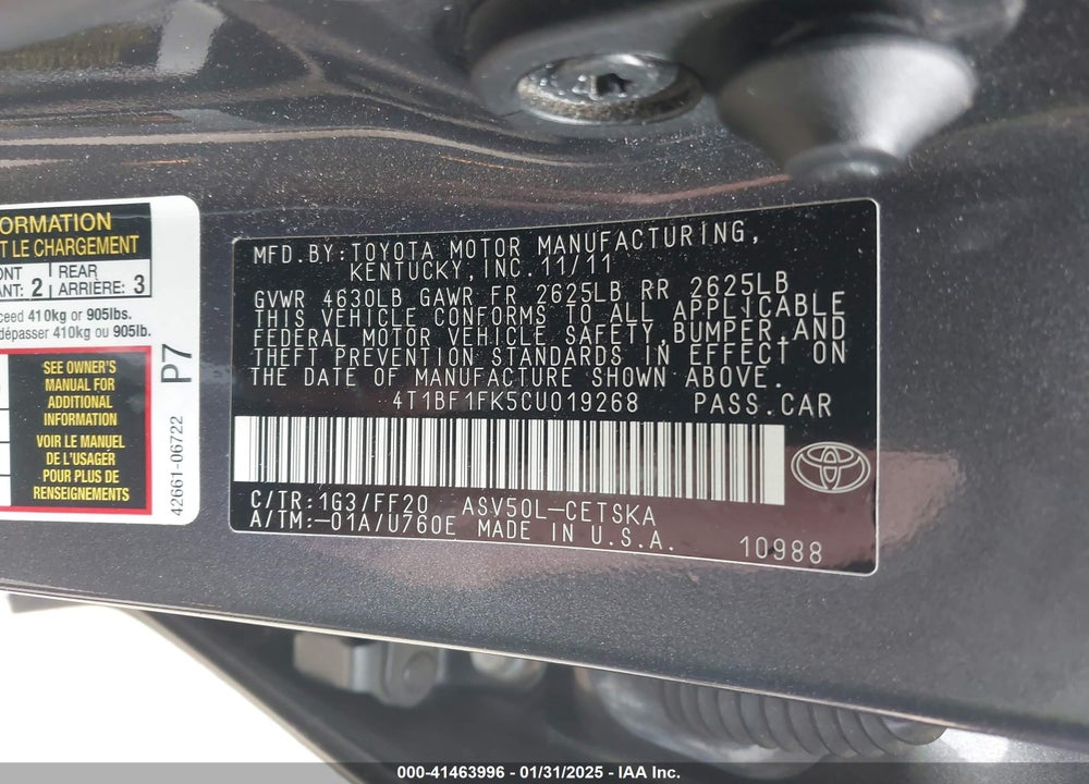 2012 TOYOTA CAMRY SE VIN: 4T1BF1FK5CU019268
