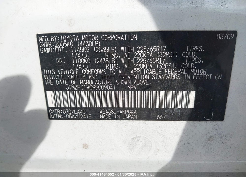 2009 TOYOTA RAV4 LIMITED VIN: JTMZF31V095009041