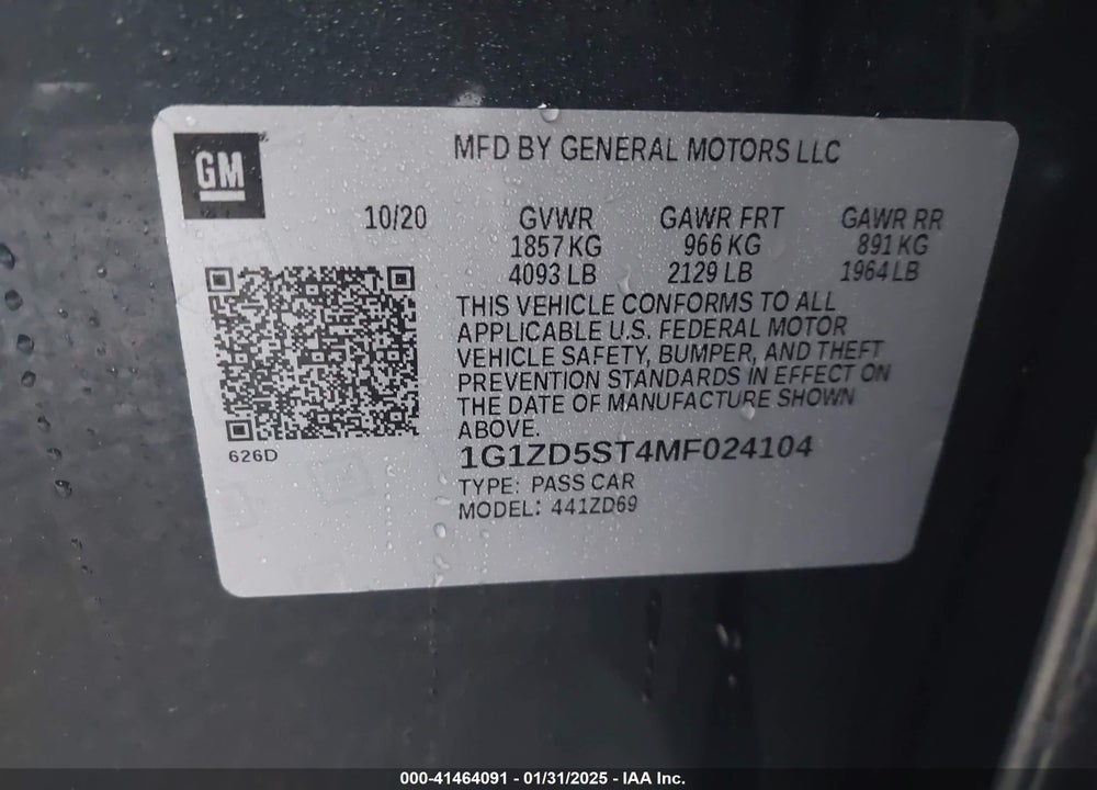2021 CHEVROLET MALIBU VIN: 1G1ZD5ST4MF024104