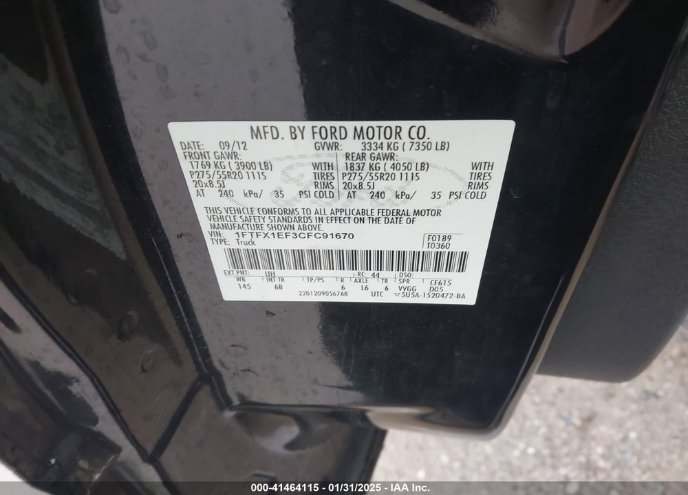 2012 FORD F-150 FX4 VIN: 1FTFX1EF3CFC91670