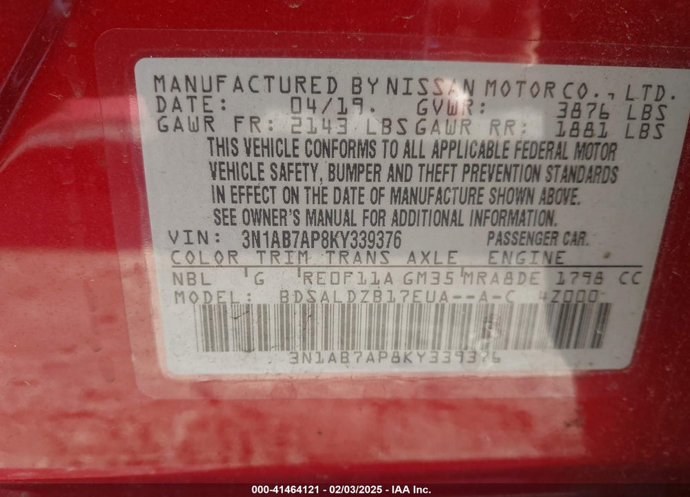 2019 NISSAN SENTRA VIN: 3N1AB7AP8KY339376