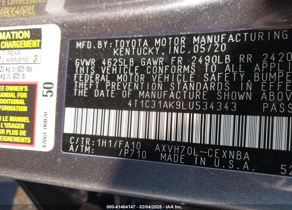 2020 TOYOTA CAMRY LE HYBRID VIN: 4T1C31AK9LU534343